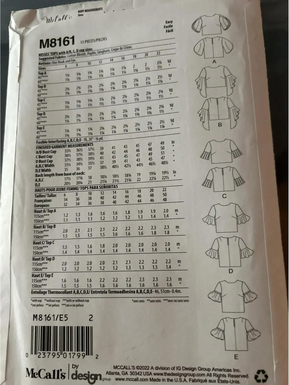 McCall's M8161 Judith McCalls Sewing Pattern Women's Tops Size 14-22